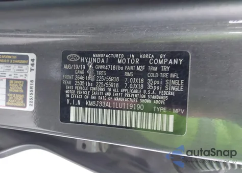 2020 Hyundai Tucson Ultimate из США, поврежденный, VIN KM8J33AL1LU119190